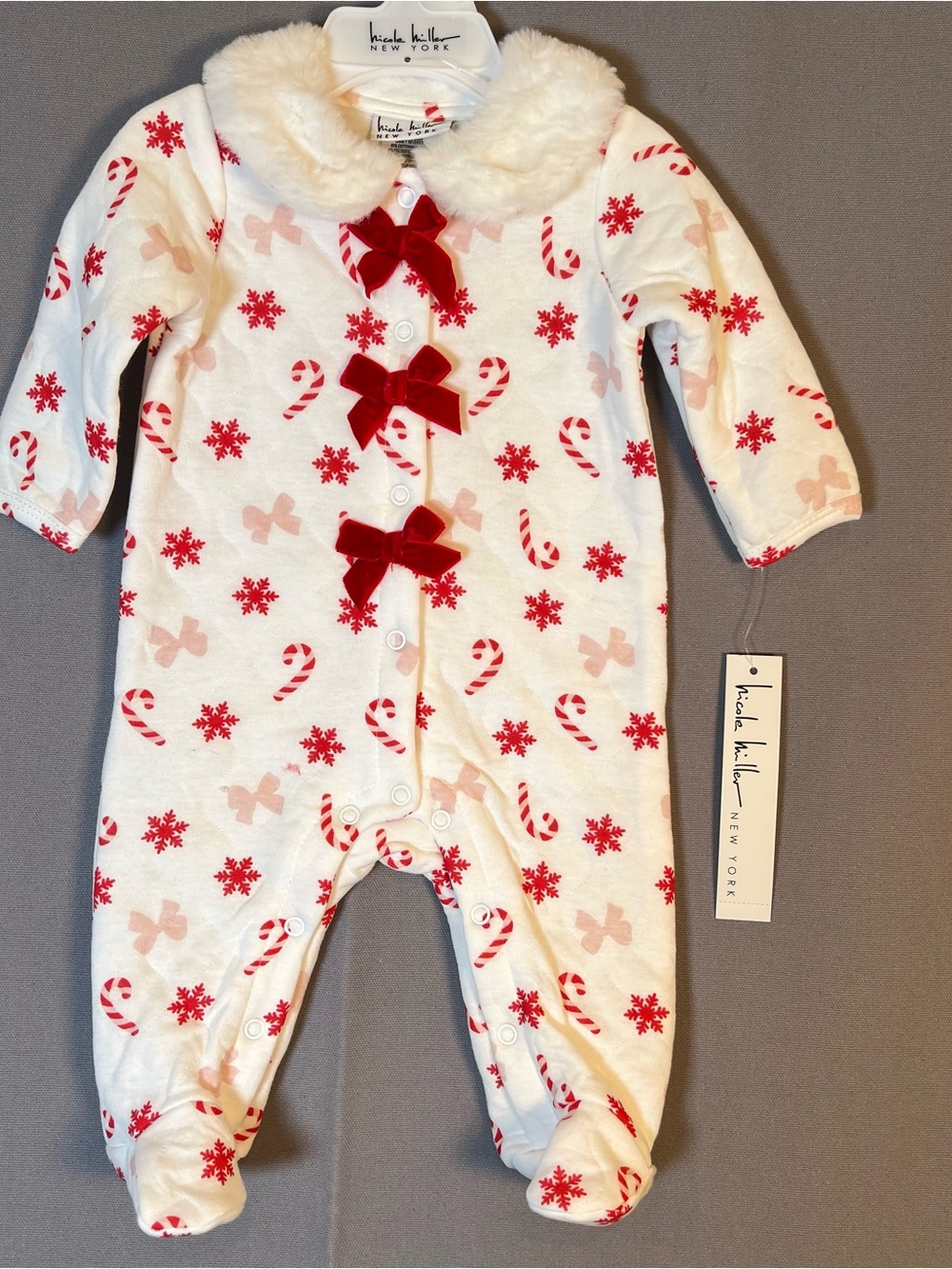 Nicole Miller White&Red Candy-Print Baby One-Piece 0-3 months Holiday Christmas